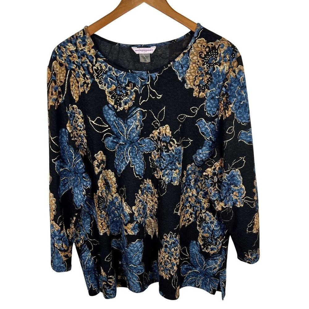 Allison Daley Plus Womens 2X Floral Knit Top 3/4 Sleeve Stretch Dressy Office